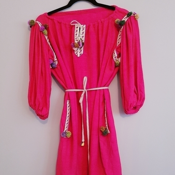 Handmade Pink Silk Ethnic Boho Pom Pom Tunic Dress - M - Picture 4 of 9
